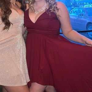 maroon high-low Windsor dress